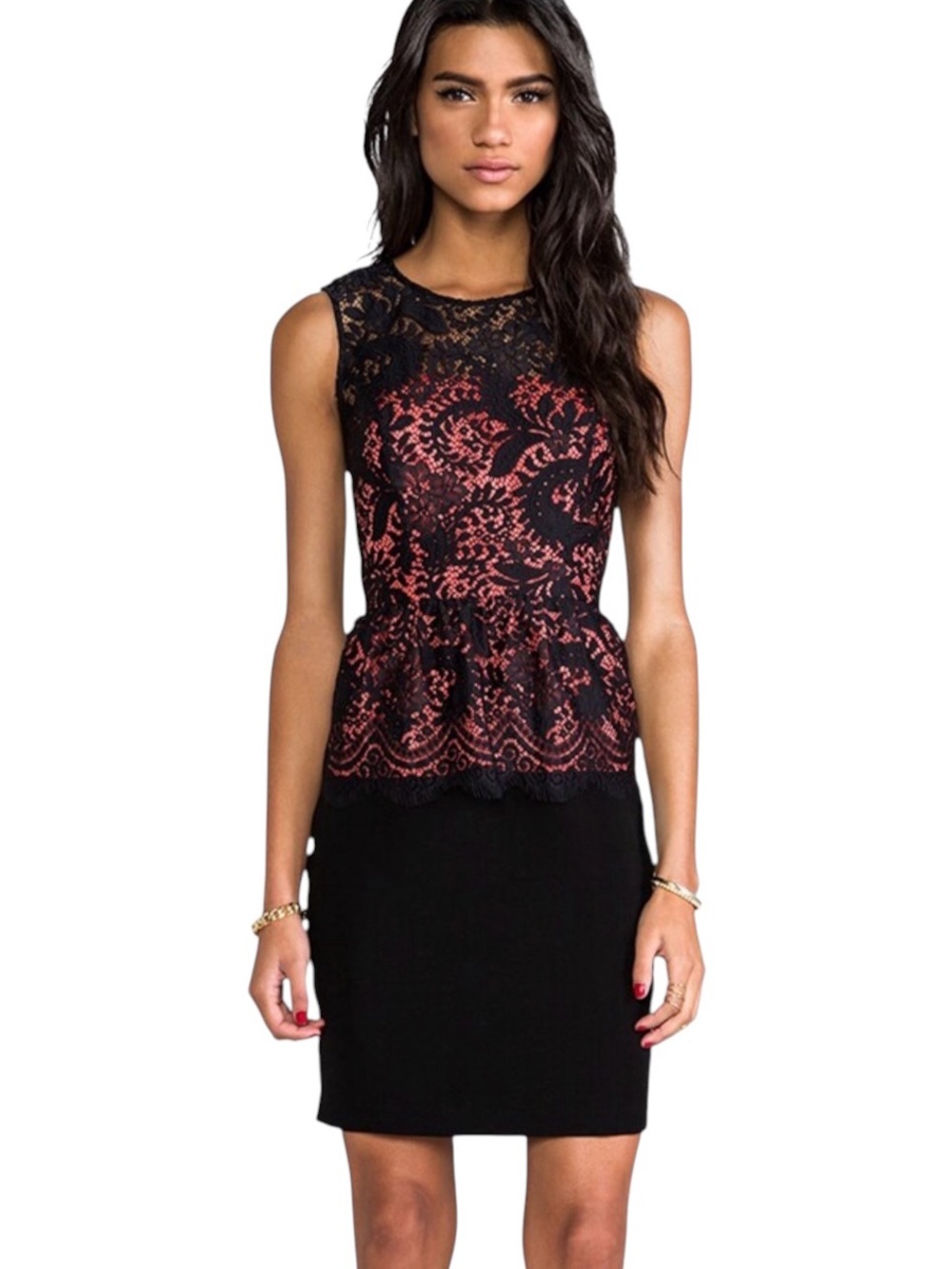 Shoshanna REVOLVE Lace Combo Celeste Peplum Dress NWT coral & black size 8